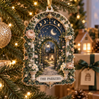 Personalized Celestial Garden Custom Shape Ornament showing sample family name integrated into flat printed optical 3D celestial botanical artwork