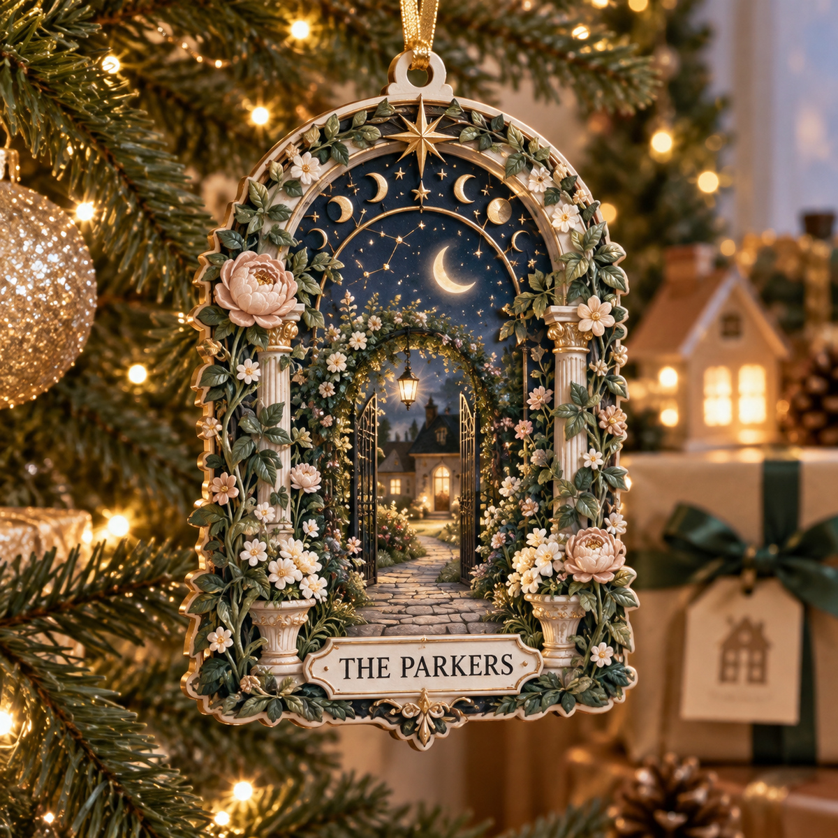 Personalized Celestial Garden Custom Shape Ornament showing sample family name integrated into flat printed optical 3D celestial botanical artwork