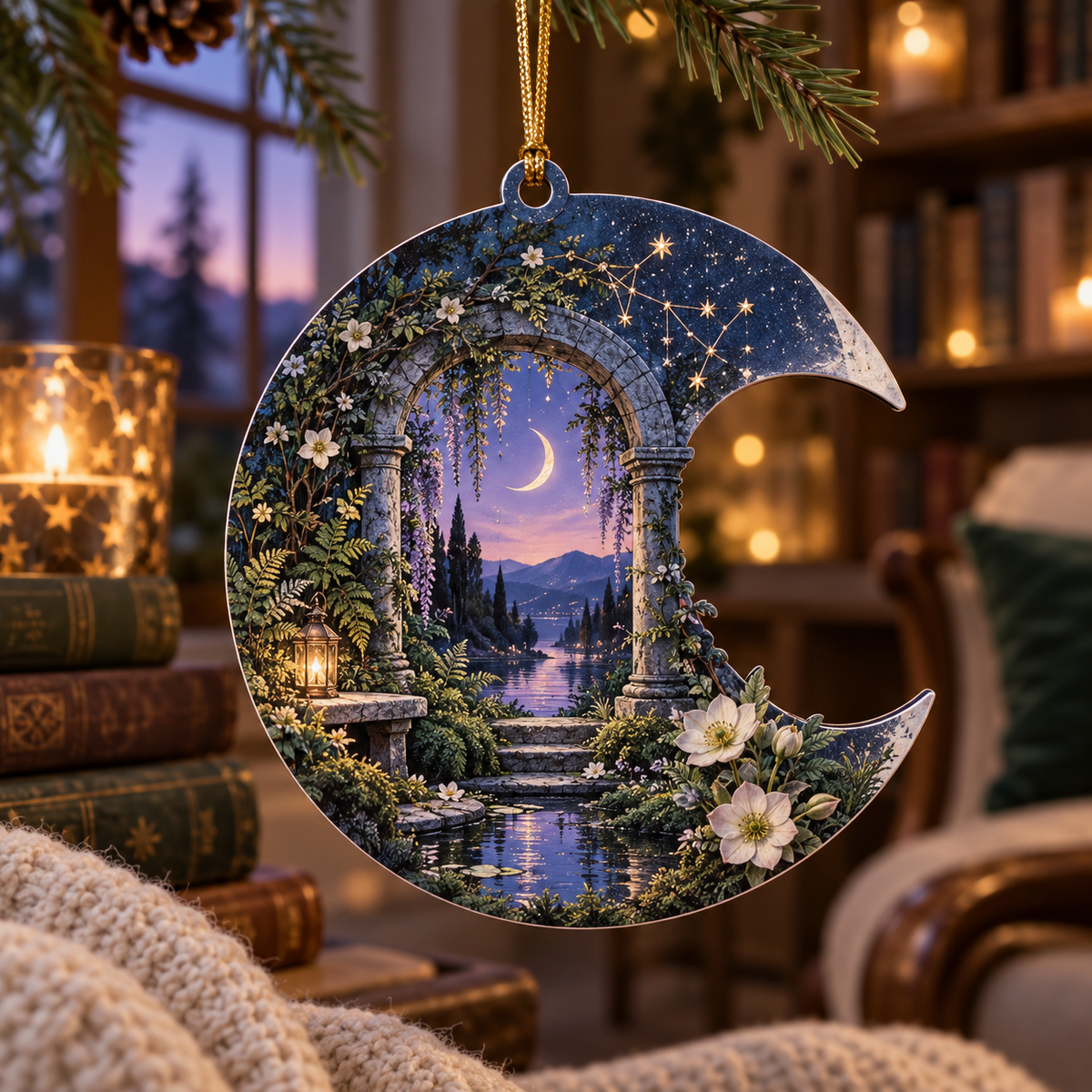 Moon Garden Quiet Corner Custom Shape Ornament with flat printed optical 3D tranquil garden in lavender moss silver cream and misty blue