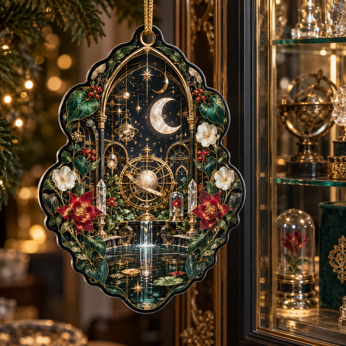 Collector Celestial Garden Custom Shape Ornament with flat printed optical 3D museum garden in obsidian emerald ruby pearl and aged gold