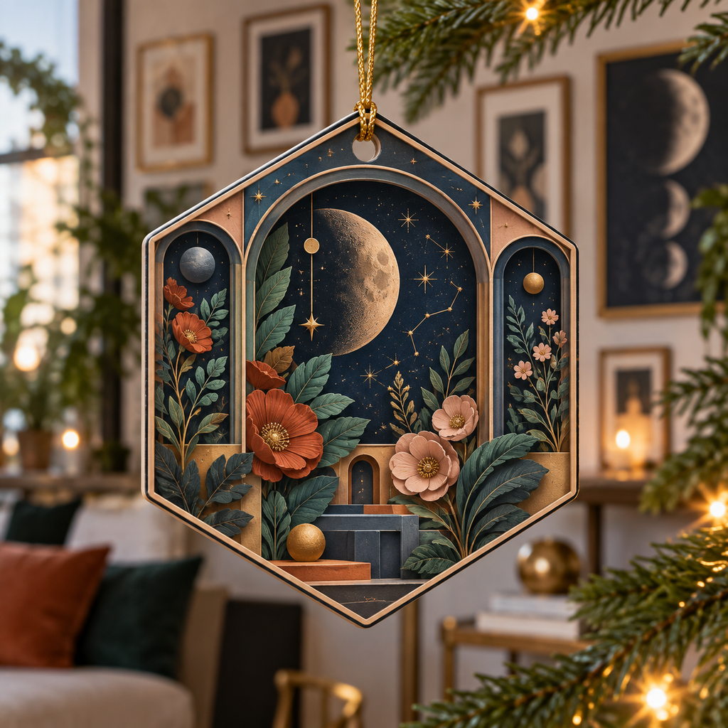 Celestial Gallery Apartment Custom Shape Ornament with flat printed optical 3D gallery garden in ink blue teal terracotta blush and ochre