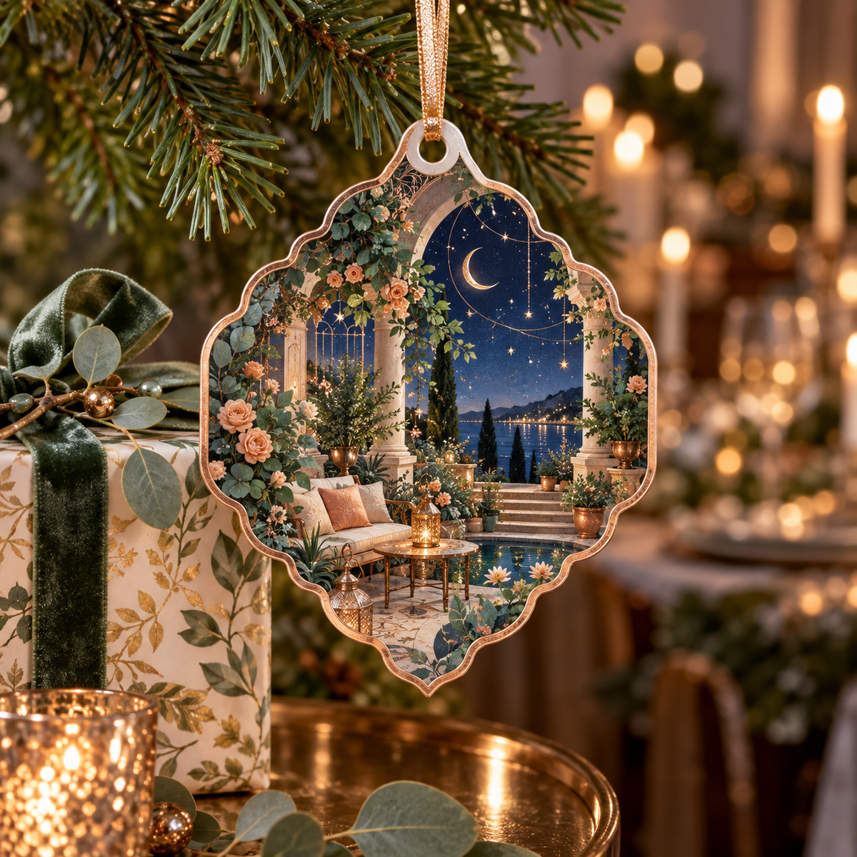 Celestial Garden Host Gift Custom Shape Ornament with flat printed optical 3D welcoming veranda in sapphire eucalyptus apricot pearl and copper