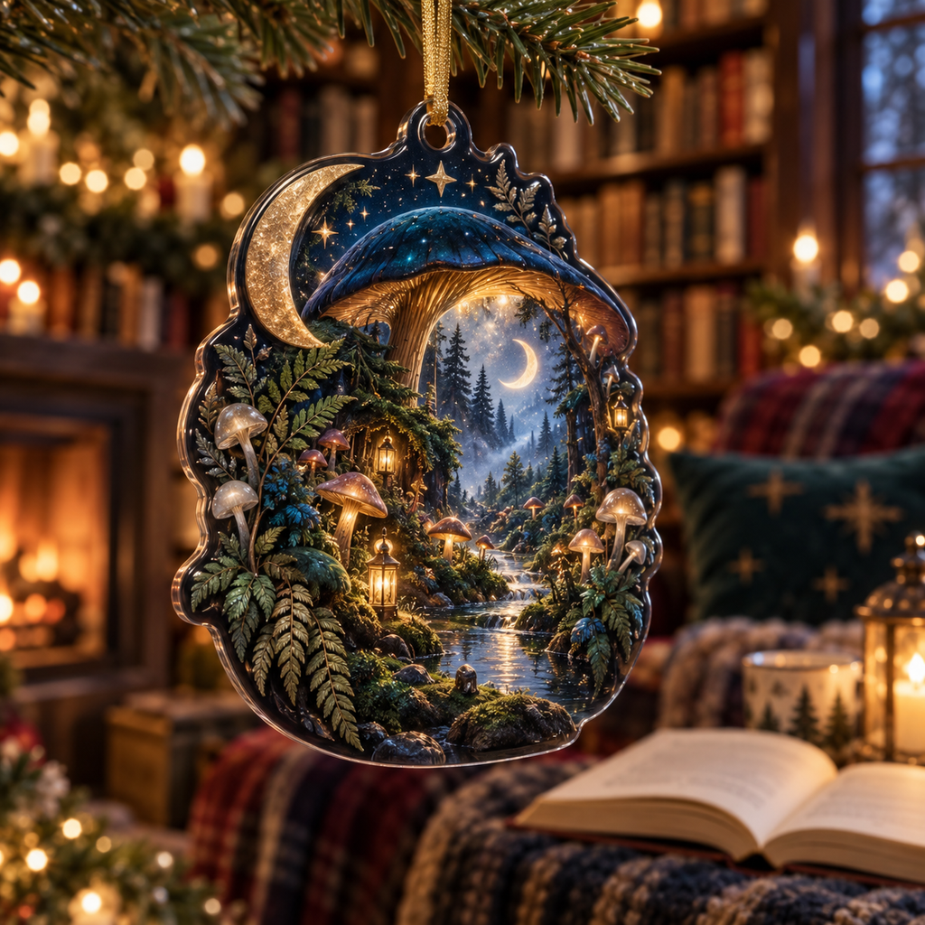 Celestial Mushroom Reading Nook Custom Shape Ornament with flat printed optical 3D mushroom forest in sapphire moss amber and pearl