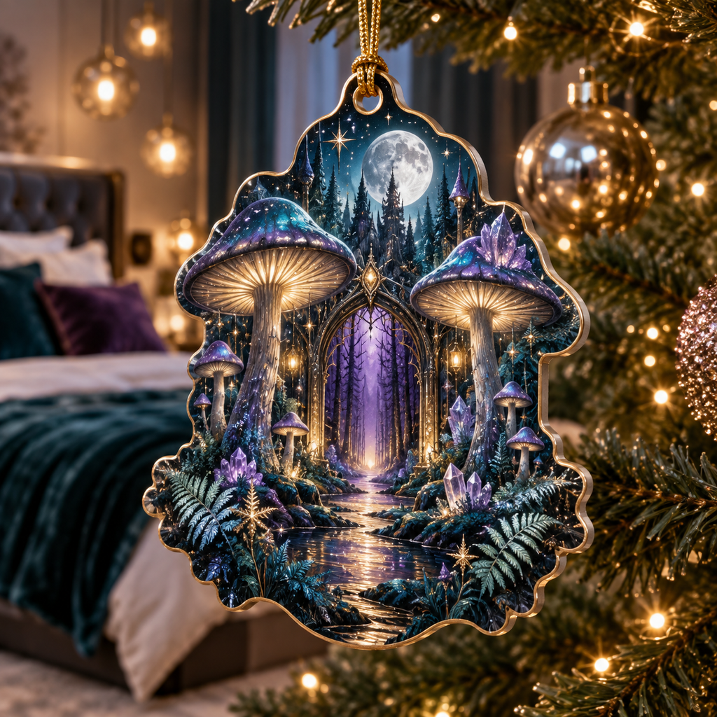 Celestial Mushroom Bedroom Custom Shape Ornament with flat printed optical 3D mushroom forest in amethyst midnight teal orchid silver and gold