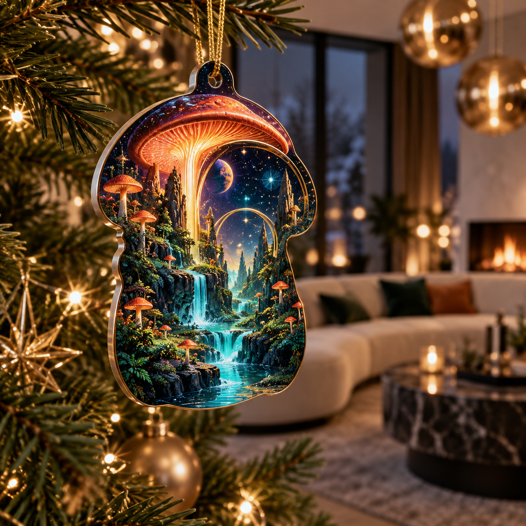 Celestial Mushroom Living Room Custom Shape Ornament with flat printed optical 3D mushroom forest in coral emerald obsidian cyan and bronze