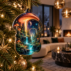 Celestial Mushroom Living Room Custom Shape Ornament with flat printed optical 3D mushroom forest in coral emerald obsidian cyan and bronze