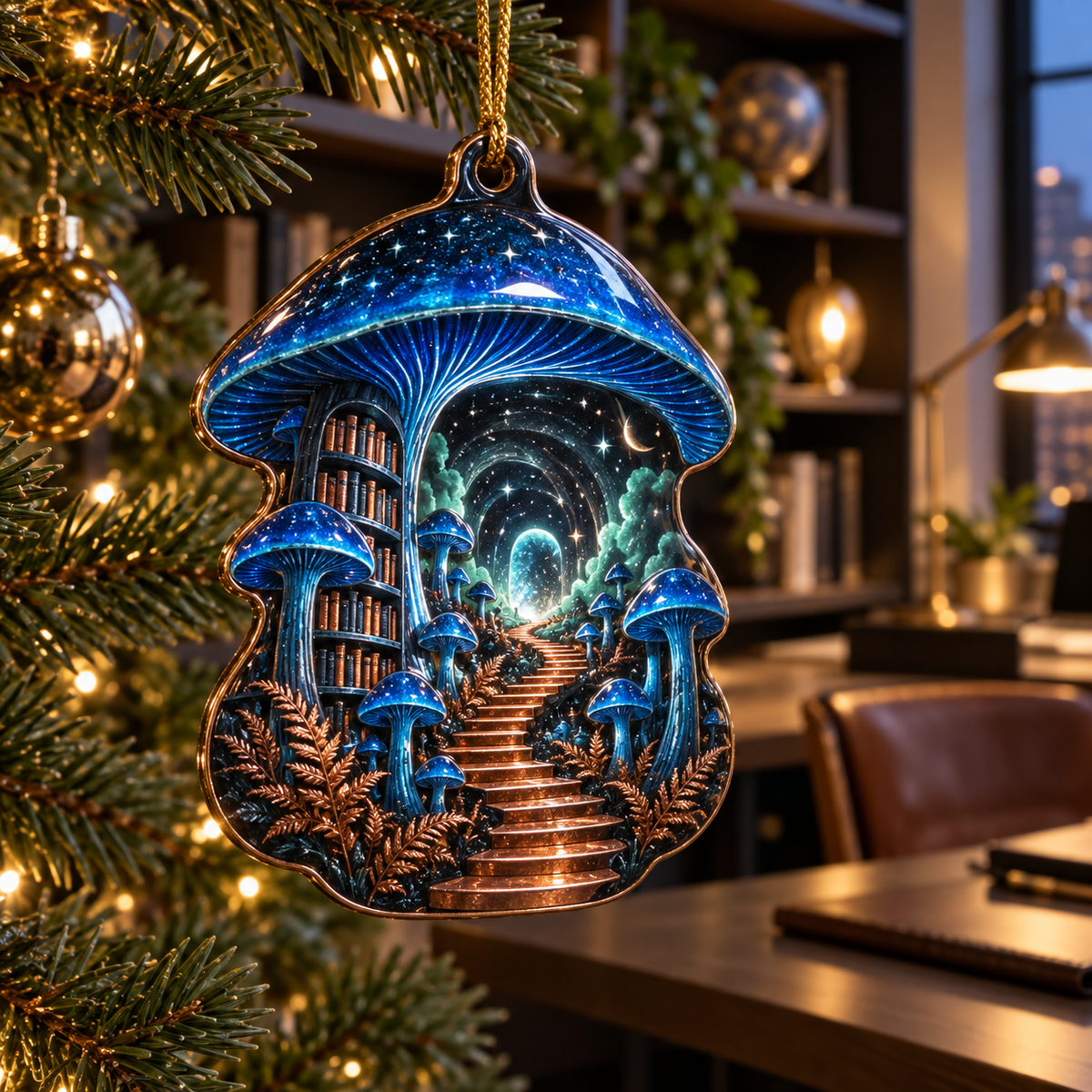 Celestial Mushroom Office Custom Shape Ornament with flat printed optical 3D mushroom archive in blue copper charcoal jade and ivory