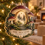 Personalized Celestial Mushroom Custom Shape Ornament showing The Nguyens within flat printed optical 3D mushroom forest in champagne green burgundy ivory and gold