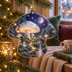 Celestial Mushroom Nook Custom Shape Ornament with flat printed optical 3D mushroom sanctuary in moonstone blue sage plum and amber