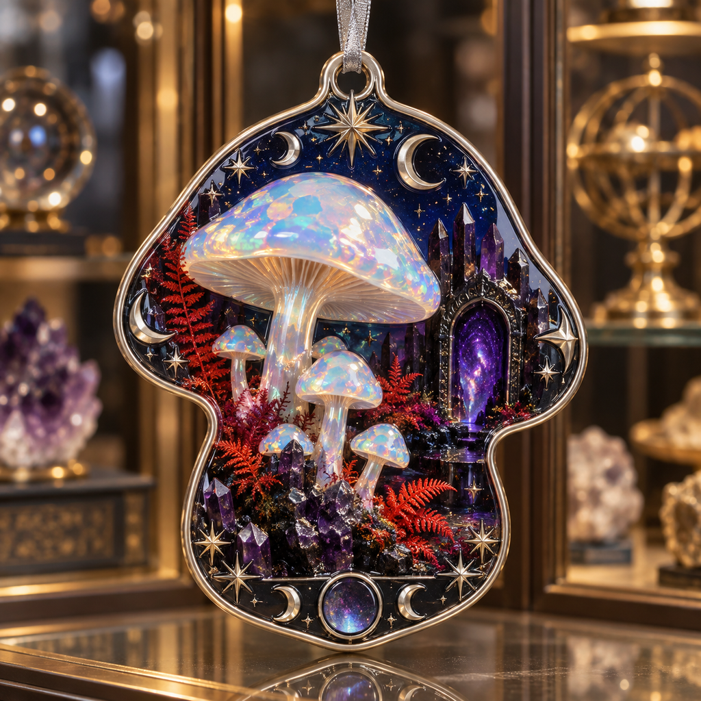 Celestial Mushroom Collector Custom Shape Ornament with flat printed optical 3D opal mushroom collection in ultramarine vermilion violet and platinum