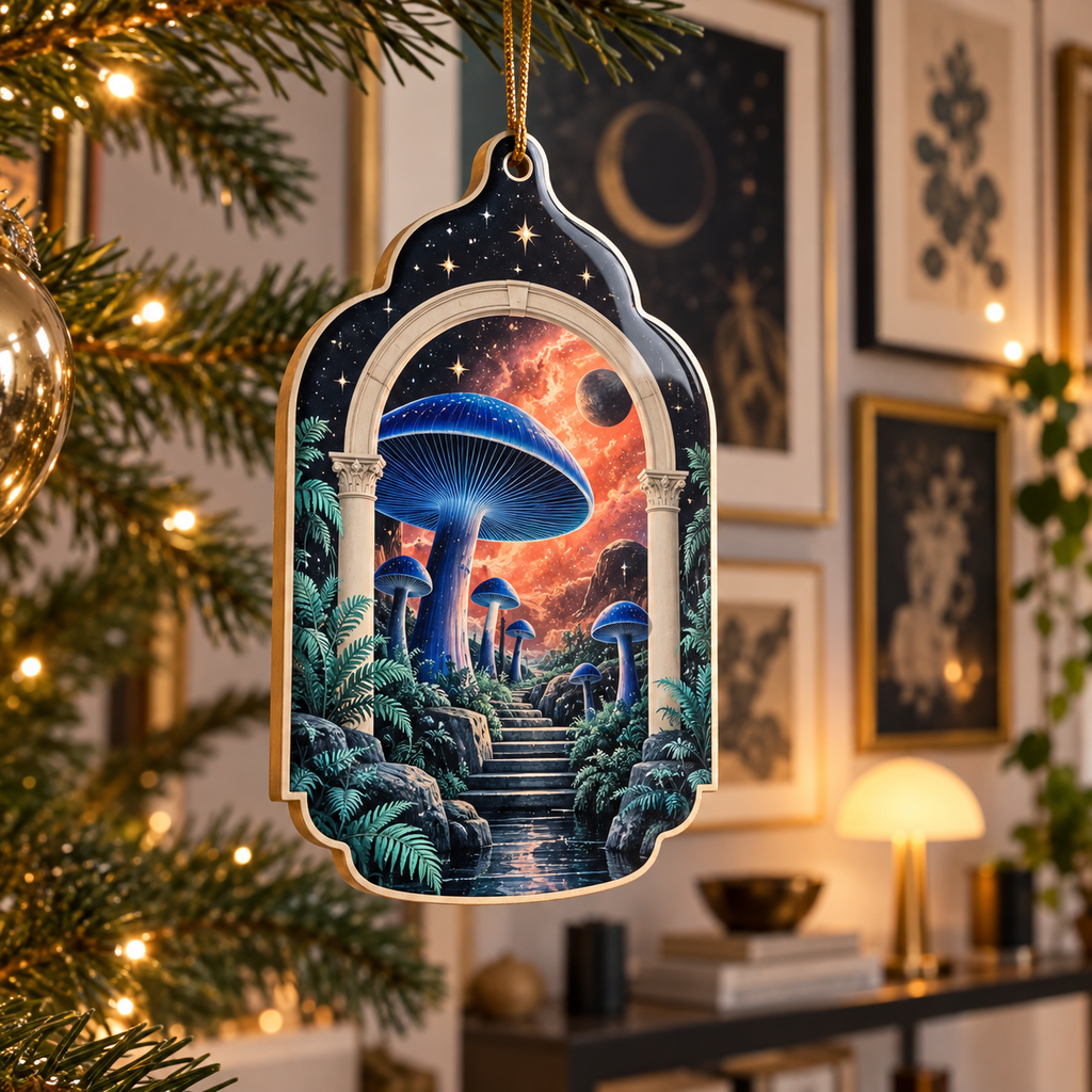 Celestial Mushroom Apartment Custom Shape Ornament with flat printed optical 3D mushroom gallery in cobalt coral mint cream and graphite