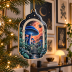 Celestial Mushroom Apartment Custom Shape Ornament with flat printed optical 3D mushroom gallery in cobalt coral mint cream and graphite