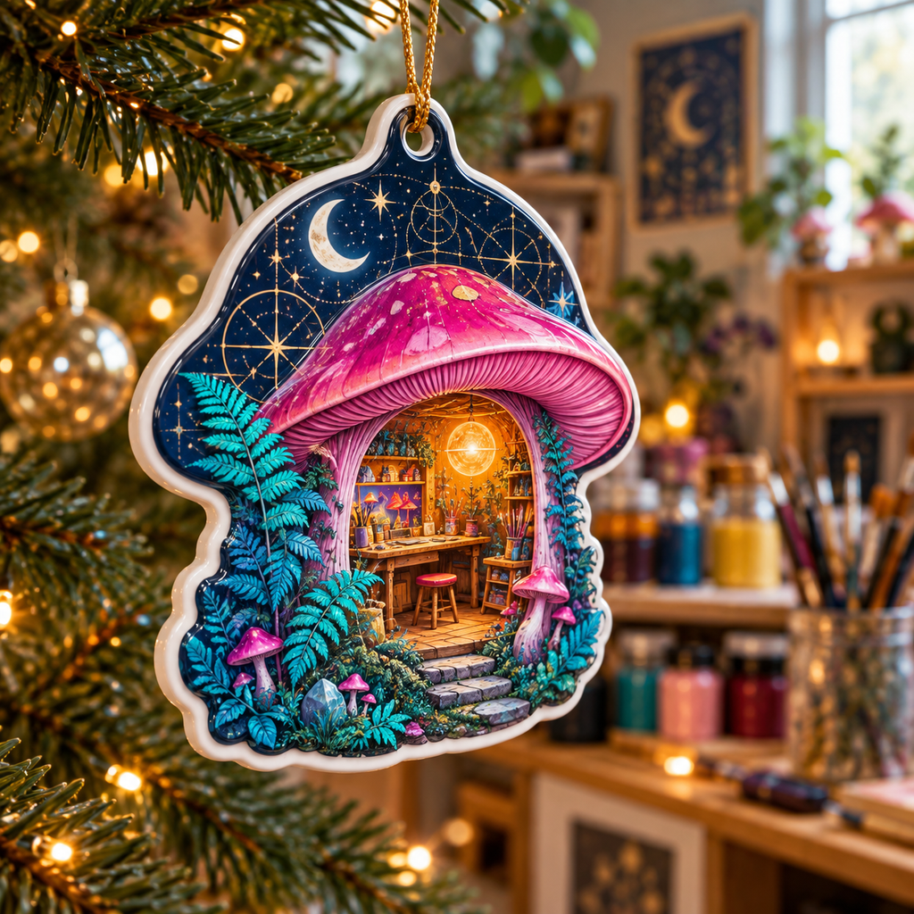 Celestial Mushroom Studio Custom Shape Ornament with flat printed optical 3D maker studio in magenta turquoise navy saffron and white