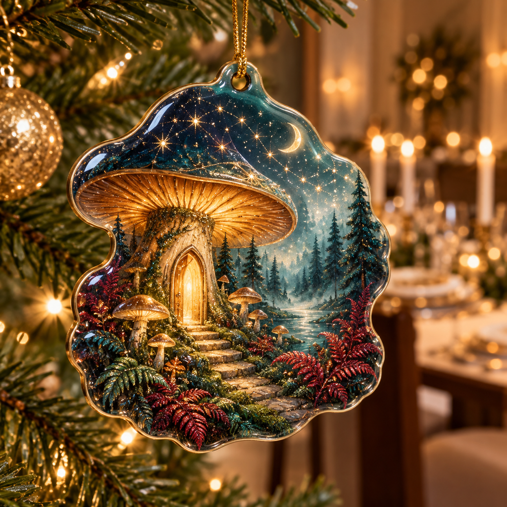 Celestial Mushroom Host Gift Custom Shape Ornament with flat printed optical 3D welcome path in honey gold peacock garnet celadon and pearl