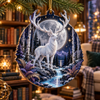 Moonlit White Stag Custom Shape Ornament with flat printed optical 3D white stag forest in midnight blue silver frost blue violet and gold