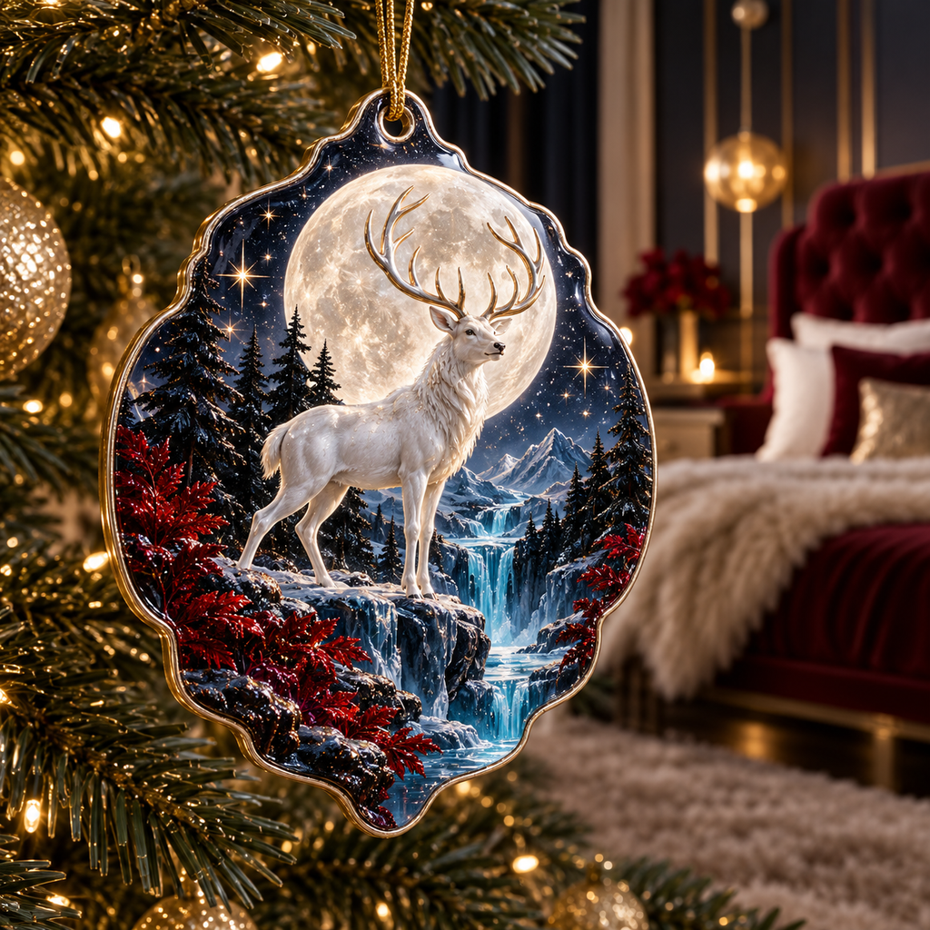 Moonlit White Stag Bedroom Custom Shape Ornament with flat printed optical 3D white stag forest in obsidian pearl sapphire ruby and champagne
