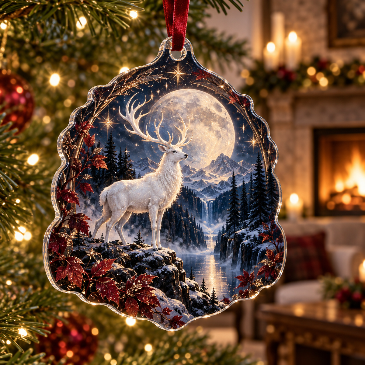 Moonlit White Stag Living Room Custom Shape Ornament with flat printed optical 3D white stag forest in obsidian sapphire garnet pearl and champagne