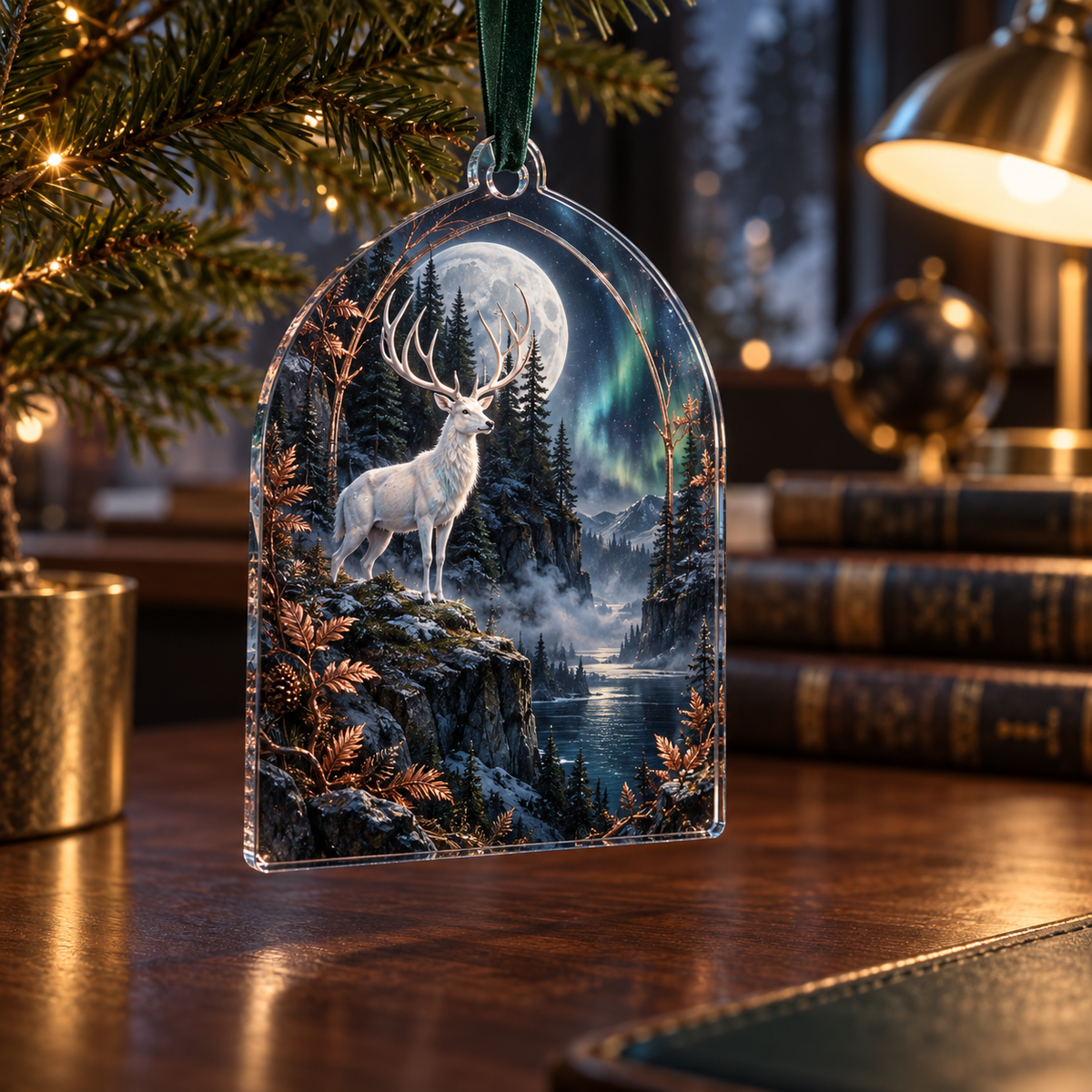 Moonlit White Stag Home Office Custom Shape Ornament with flat printed optical 3D stag scene in charcoal moonstone cobalt copper and pine green