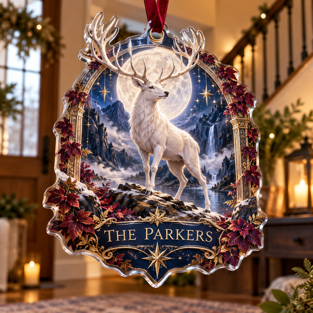Personalized Moonlit White Stag Custom Shape Ornament showing The Parkers within flat printed optical 3D stag forest in moonstone ivory cobalt wine and gold