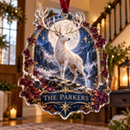 Personalized Moonlit White Stag Custom Shape Ornament showing The Parkers within flat printed optical 3D stag forest in moonstone ivory cobalt wine and gold