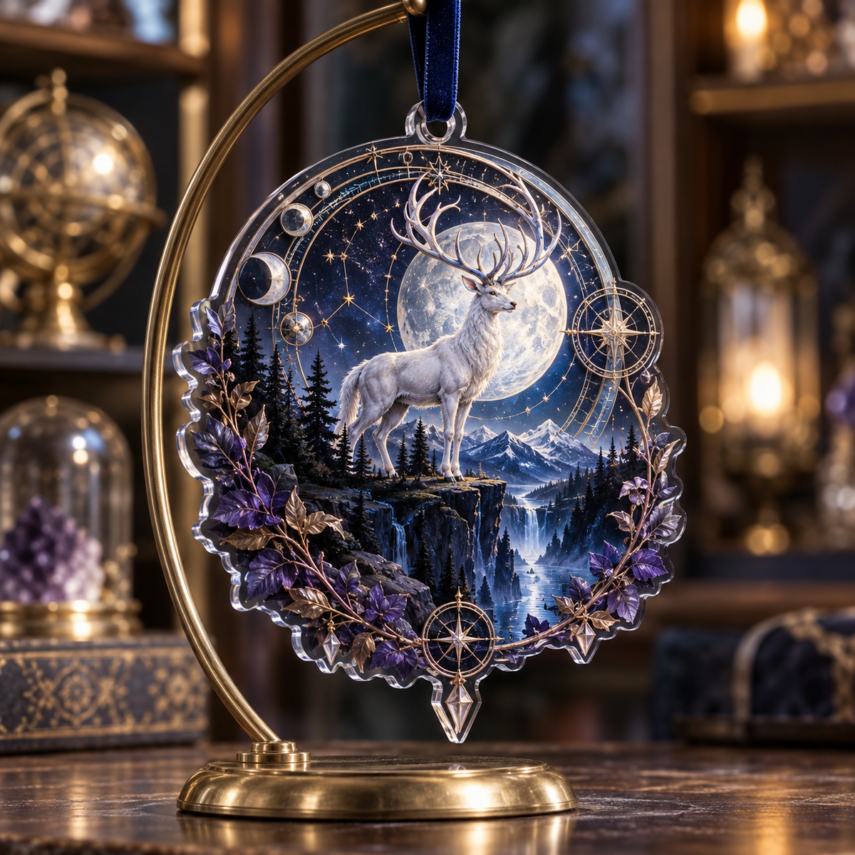 Moonlit White Stag Collector Custom Shape Ornament with flat printed optical 3D stag astrolabe scene in ebony silver ultramarine amethyst and bronze