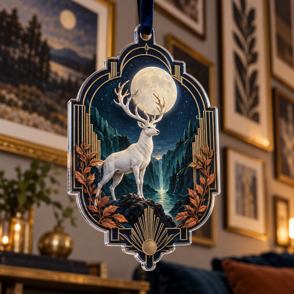 Moonlit White Stag Gallery Wall Custom Shape Ornament with flat printed optical 3D Art Deco stag scene in midnight navy alabaster teal terracotta and brass