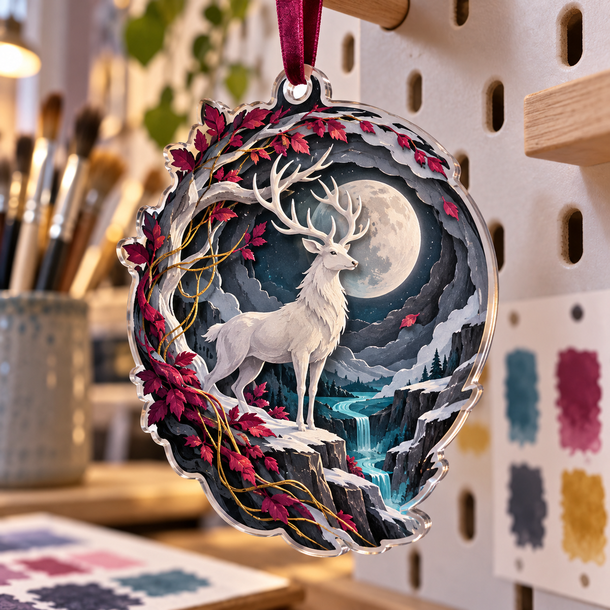 Moonlit White Stag Studio Custom Shape Ornament with flat printed optical 3D paper cut stag scene in charcoal white cyan magenta and ochre