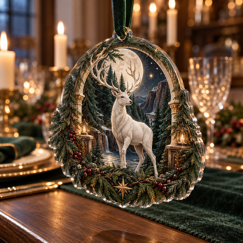 Moonlit White Stag Host Gift Custom Shape Ornament with flat printed optical 3D welcoming stag scene in forest green cream cranberry walnut and candle gold