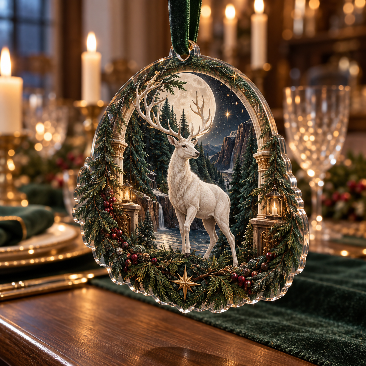 Moonlit White Stag Host Gift Custom Shape Ornament with flat printed optical 3D welcoming stag scene in forest green cream cranberry walnut and candle gold