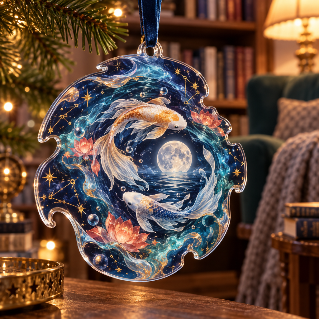 Celestial Koi Reading Nook Custom Shape Ornament with flat printed optical 3D koi moon pool in deep indigo pearl white coral turquoise and gold