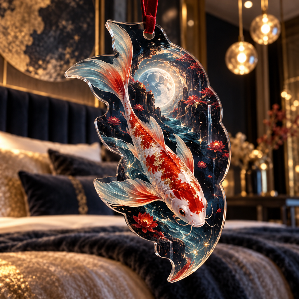 Celestial Koi Bedroom Custom Shape Ornament with flat printed optical 3D koi abyss in black sapphire opal vermilion aqua and rose gold