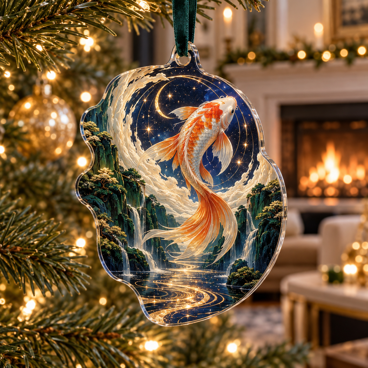 Celestial Koi Living Room Custom Shape Ornament with flat printed optical 3D koi portal in navy ivory emerald orange and champagne