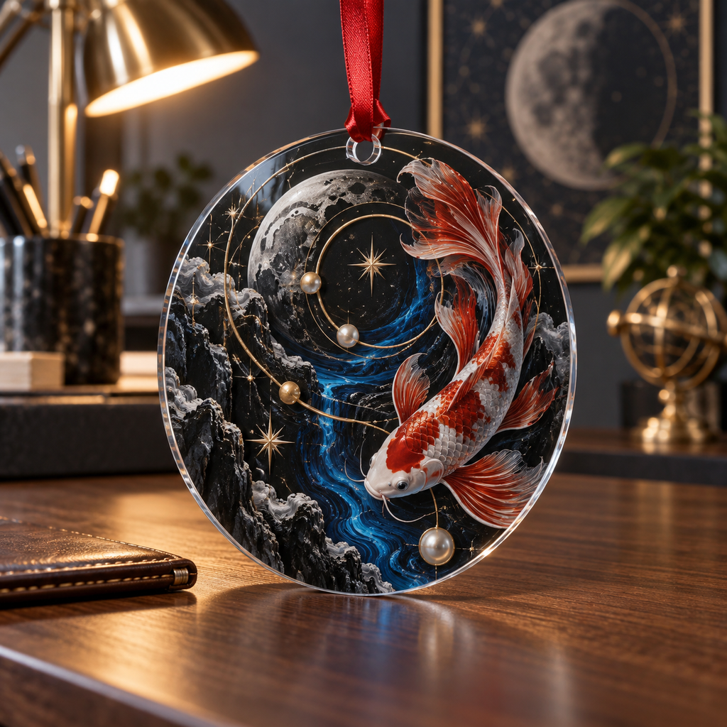 Celestial Koi Home Office Custom Shape Ornament with flat printed optical 3D koi corridor in graphite pearl electric blue cinnabar and brass