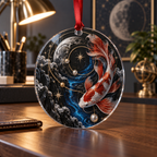 Celestial Koi Home Office Custom Shape Ornament with flat printed optical 3D koi corridor in graphite pearl electric blue cinnabar and brass