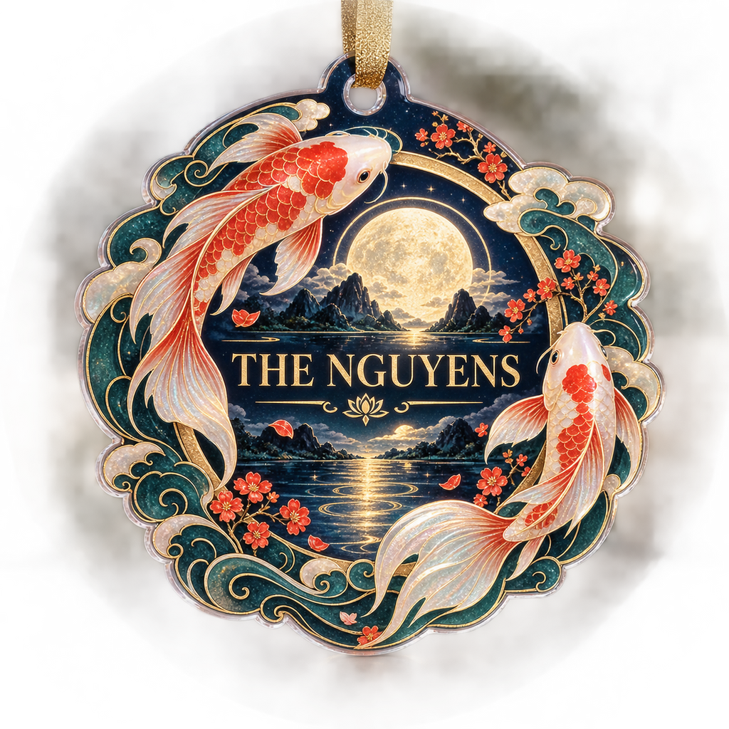 Personalized Celestial Koi Custom Shape Ornament showing The Nguyens within flat printed optical 3D koi pool in midnight blue pearl coral red jade and gold