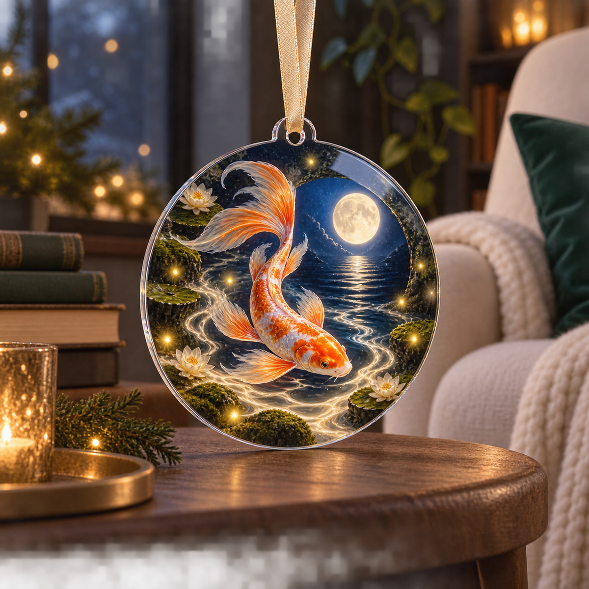 Celestial Koi Quiet Corner Custom Shape Ornament with flat printed optical 3D koi pond in twilight blue cream moss tangerine and soft gold