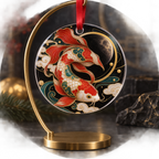 Celestial Koi Collector Custom Shape Ornament with flat printed optical 3D cloisonne koi in lacquer black porcelain vermilion jade and gold