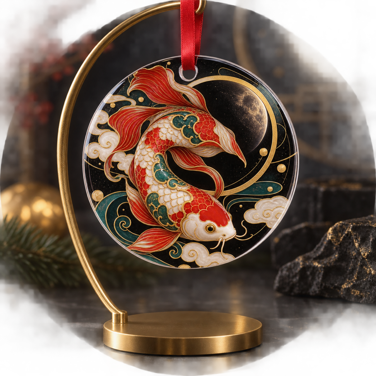 Celestial Koi Collector Custom Shape Ornament with flat printed optical 3D cloisonne koi in lacquer black porcelain vermilion jade and gold