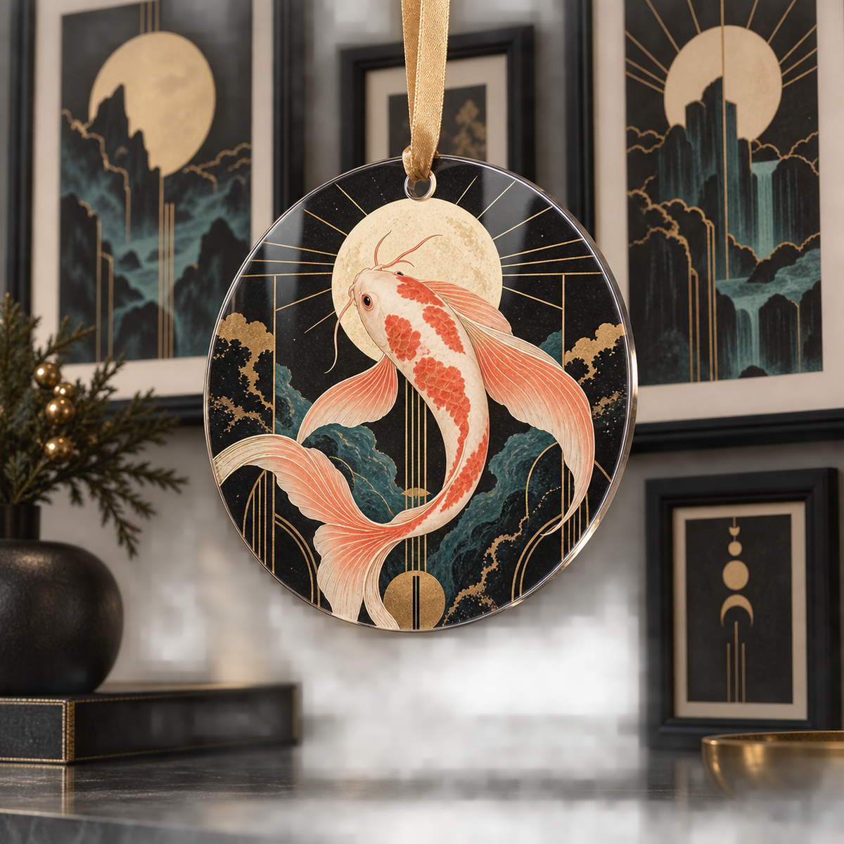 Celestial Koi Gallery Wall Custom Shape Ornament with flat printed optical 3D Art Deco koi in ink ivory salmon teal and brass