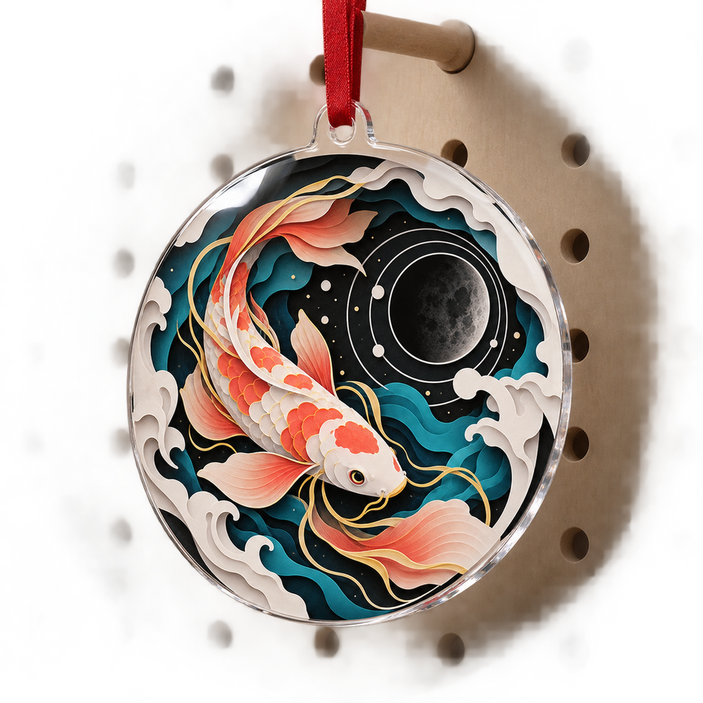 Celestial Koi Studio Custom Shape Ornament with flat printed optical 3D paper cut koi in black white cyan coral and yellow