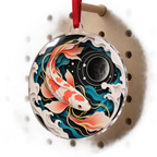 Celestial Koi Studio Custom Shape Ornament with flat printed optical 3D paper cut koi in black white cyan coral and yellow