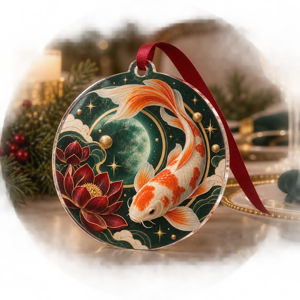 Celestial Koi Host Gift Custom Shape Ornament with flat printed optical 3D koi pond in deep green cream orange garnet and gold