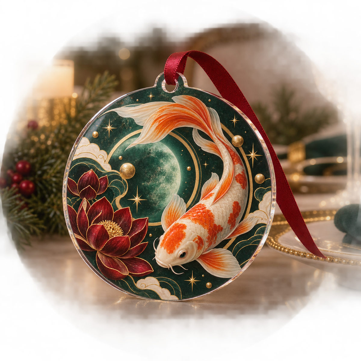Celestial Koi Host Gift Custom Shape Ornament with flat printed optical 3D koi pond in deep green cream orange garnet and gold