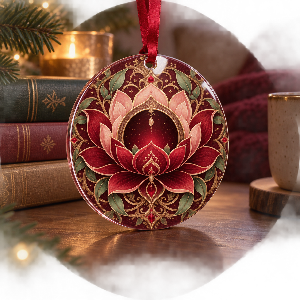 Red Lotus Mandala Reading Nook Custom Shape Ornament with flat printed optical 3D lotus mandala in crimson burgundy blush sage and antique gold