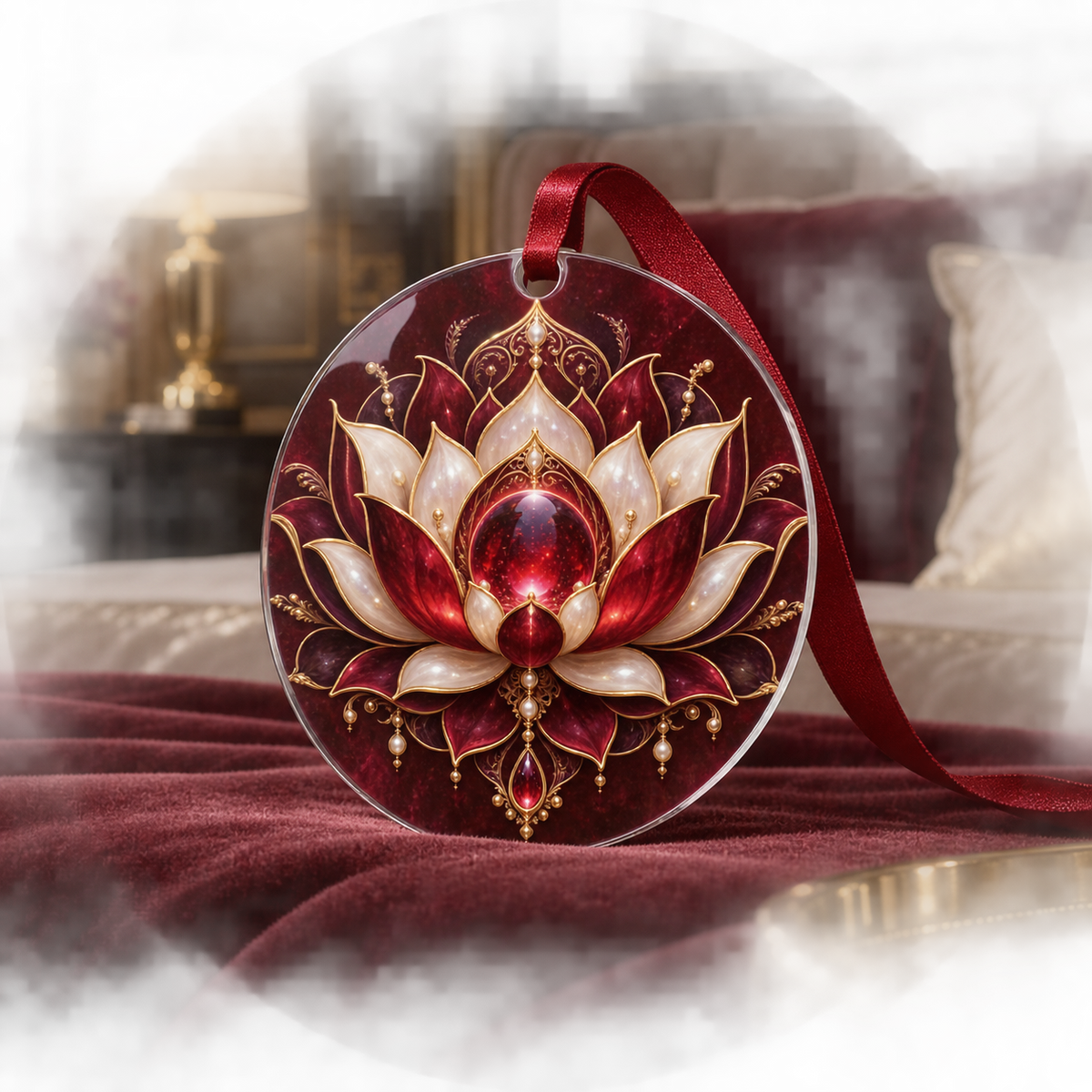 Red Lotus Mandala Bedroom Custom Shape Ornament with flat printed optical 3D lotus mandala in oxblood ruby pearl plum and gold