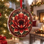 Red Lotus Mandala Living Room Custom Shape Ornament with flat printed optical 3D lotus mandala in scarlet black cherry ivory emerald and champagne gold