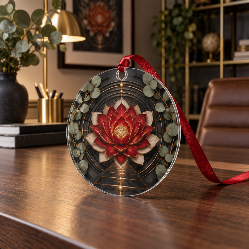 Red Lotus Mandala Home Office Custom Shape Ornament with flat printed optical 3D lotus mandala in charcoal cardinal red ivory eucalyptus and brass