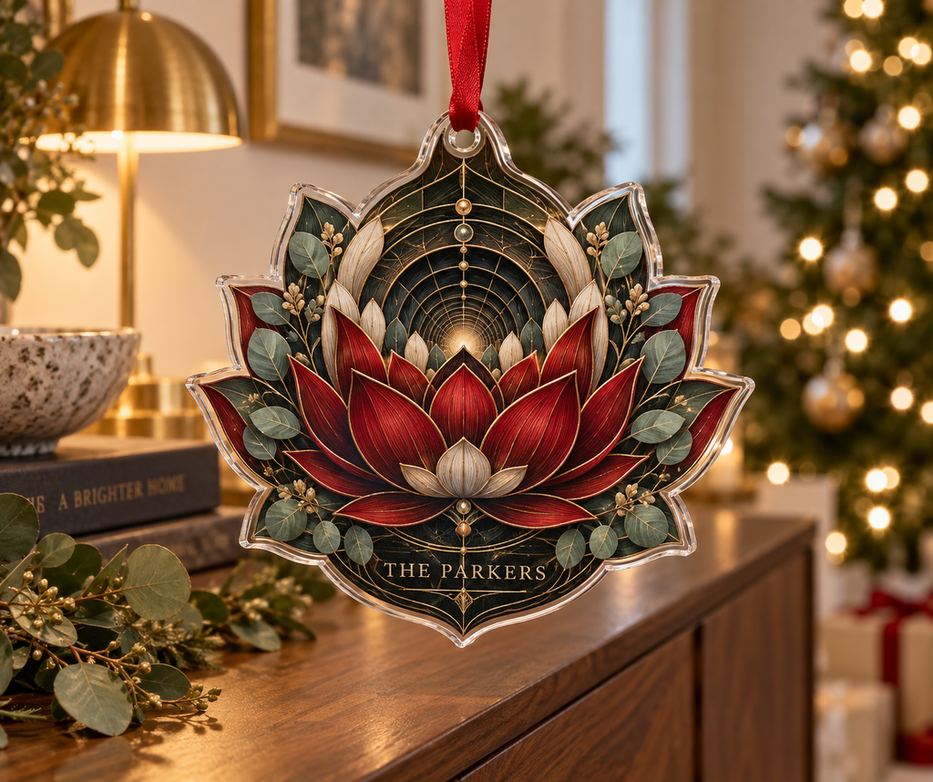 Personalized Red Lotus Mandala Custom Shape Ornament showing The Parkers within flat printed optical 3D lotus tunnel in charcoal cardinal red ivory eucalyptus and brass