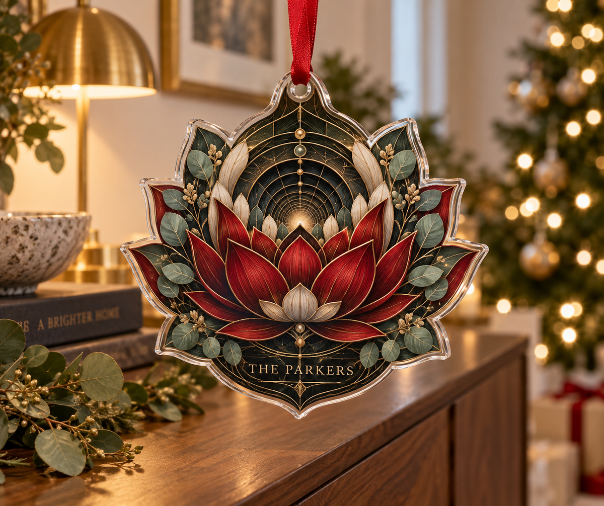 Personalized Red Lotus Mandala Custom Shape Ornament showing The Parkers within flat printed optical 3D lotus tunnel in charcoal cardinal red ivory eucalyptus and brass
