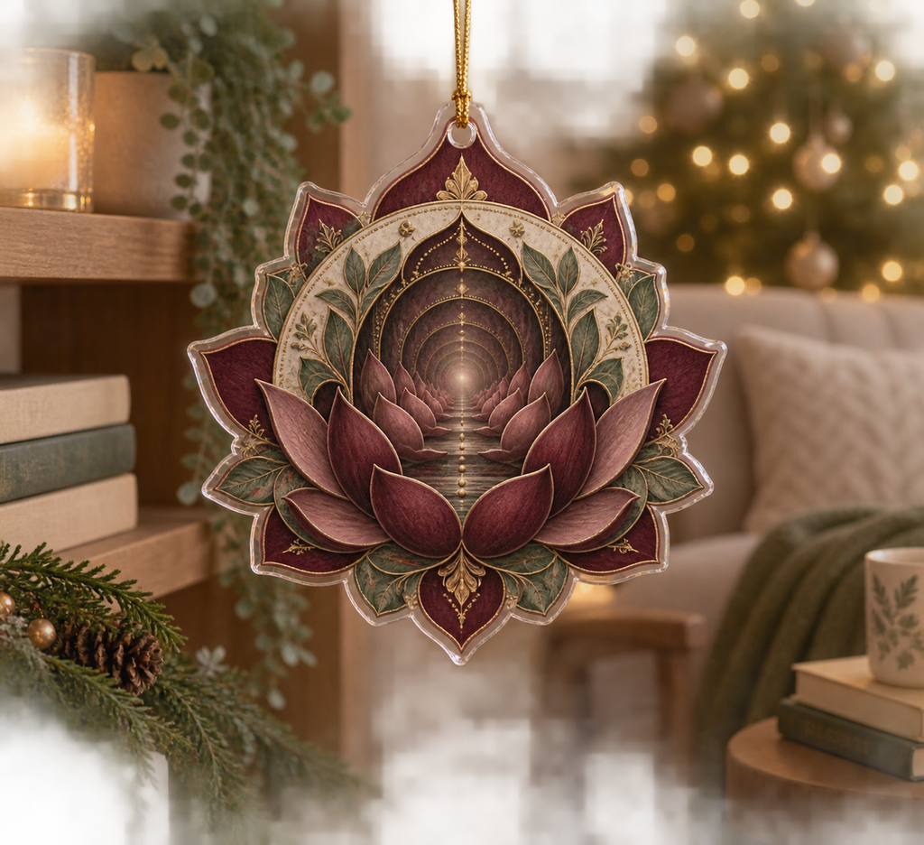 Red Lotus Mandala Quiet Corner Custom Shape Ornament with flat printed optical 3D lotus tunnel in oxblood dusty rose parchment sage and antique gold